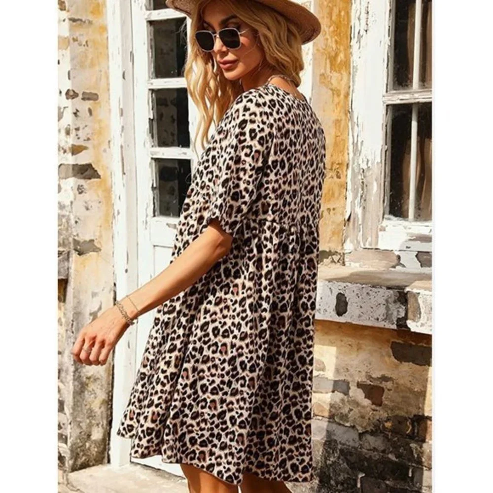 ECOWISH Animal Print Short Sleeve Button Detail Dress Women's Size Lg‎ NWT - Picture 2 of 13